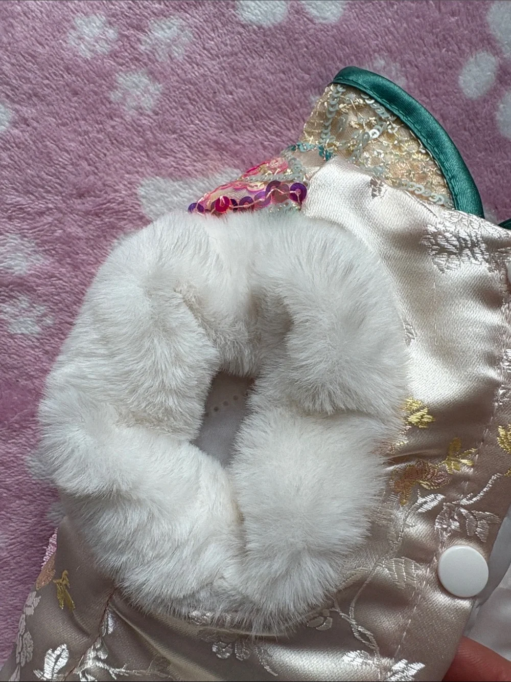 New year Embellished Satin & Faux Fur Pet Hooded Coat - Pink Multicolor